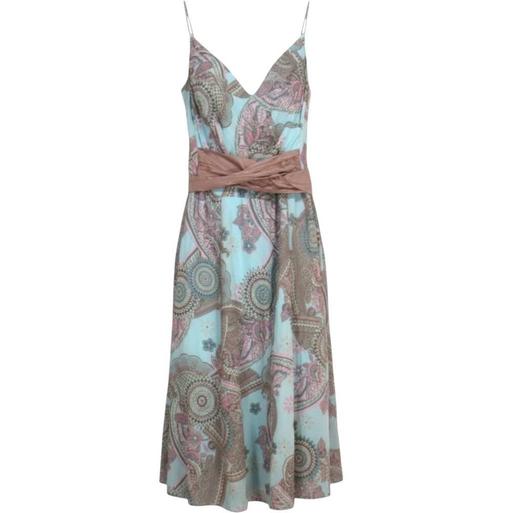 RUBBER DUCKY Twill BOHEMIAN FLORAL PAISLEY Tie Belt SURPLICE V-NECK Midi DRESS S